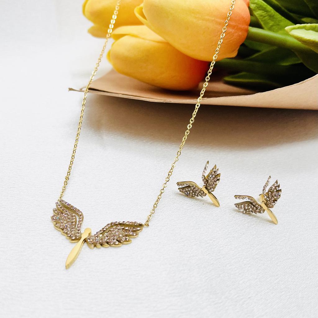 hc  Fashion Design  Stainless Steel  Necklaces Set 18k Gold Plated Micro Zircon Angel wings Pendant Necklace  Fine Jewelry