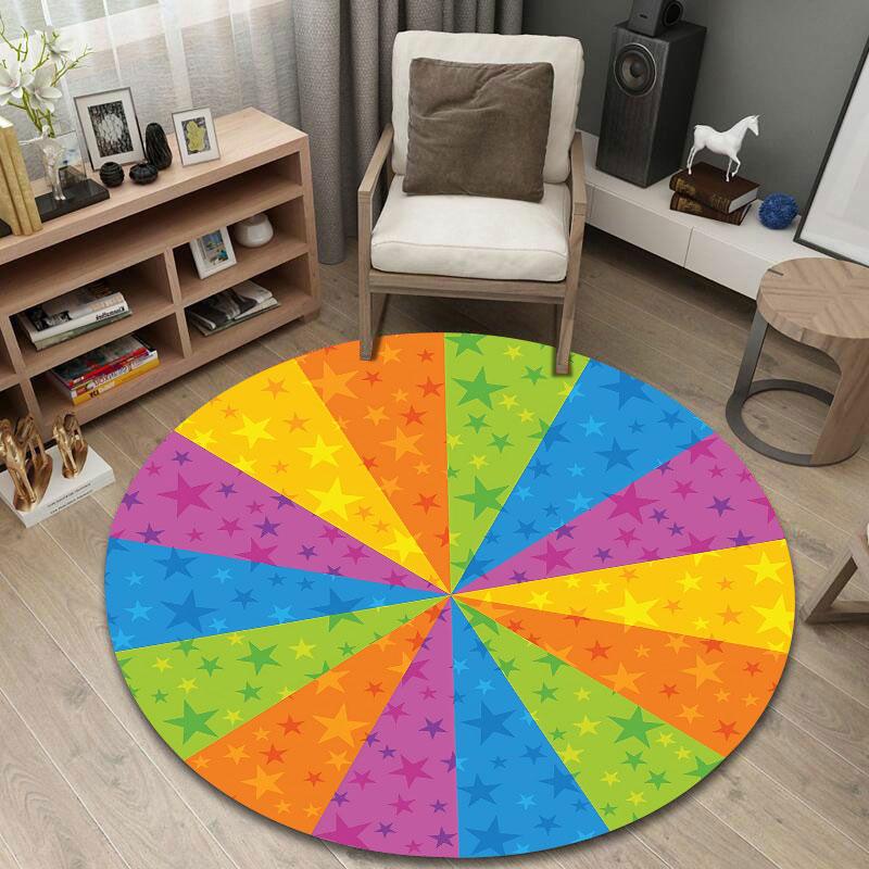 Retro Round Rainbow Multicolor Area Rug, Non-Slip Floor Mat for Kitchen