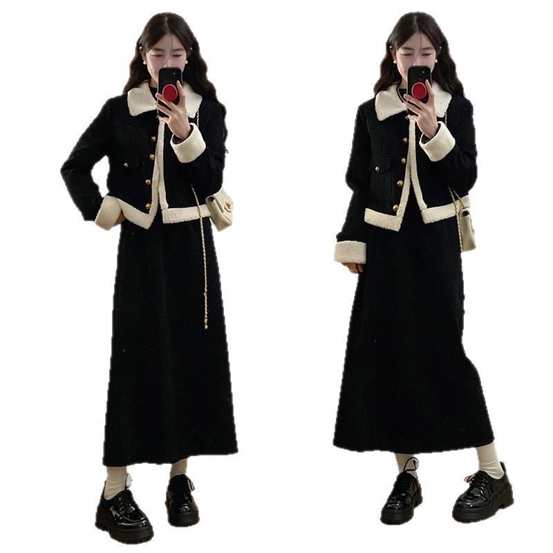 Женский зимний костюм большого размера с подкладкой из флиса и шерсти ягненка: Комплект: Толстое пальто и юбка А-силуэта