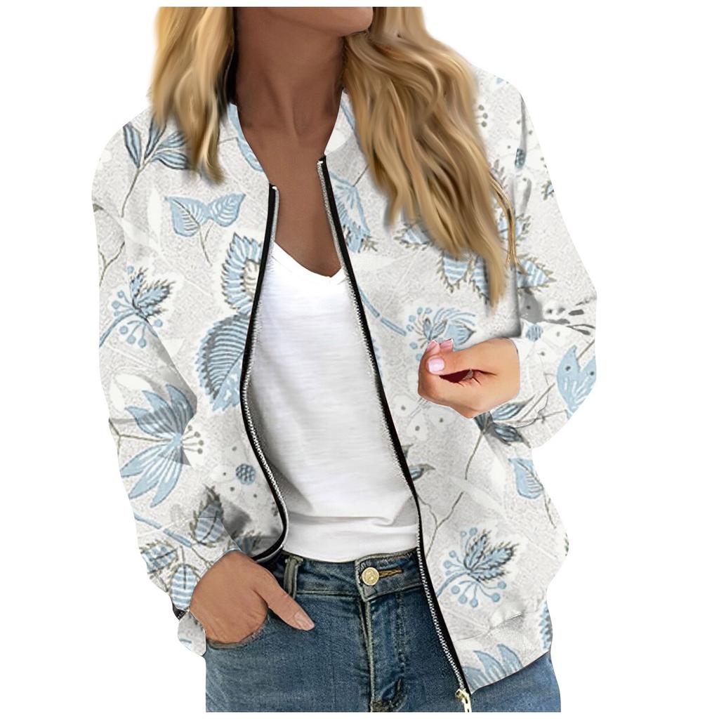 Женская модная повседневная куртка на молнии с длинным рукавом с цветочным/листовым принтом и круглым вырезом