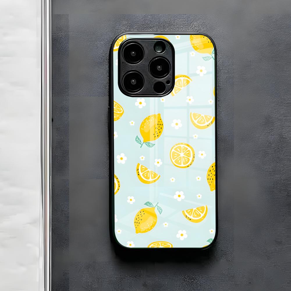 Фруктовый чехол-лимон для iPhone 17 Air 16 E Pro Max 15 14 13 Mini 12 Pro 11 Max Plus Черная стеклянная крышка