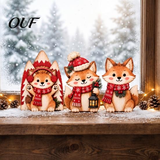 Artistic Animal Shape Room Decorations 3Pcs Christmas Wooden Fox Tabletop Decor, Cute Cartoon Warm Atmosphere Festive Crafts Figurines, Farmhouse