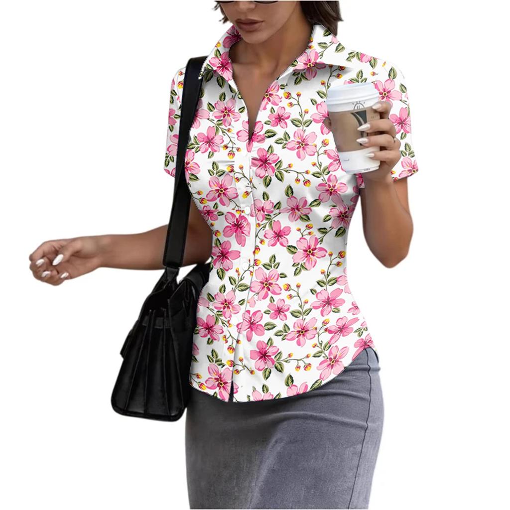 Women's Short Sleeve Button Down Shirt Slim Fit Collared Blouse Lightweight Casual Workwear Top for Summer