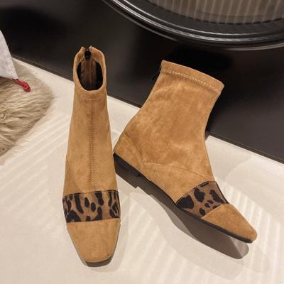 Замшевые ботильоны с квадратным носком, леопардовые хлопковые туфли, зимние ботинки на низком каблуке 2024 года, теплые плюшевые туфли на плоской подошве Chelsea Botas Mujer