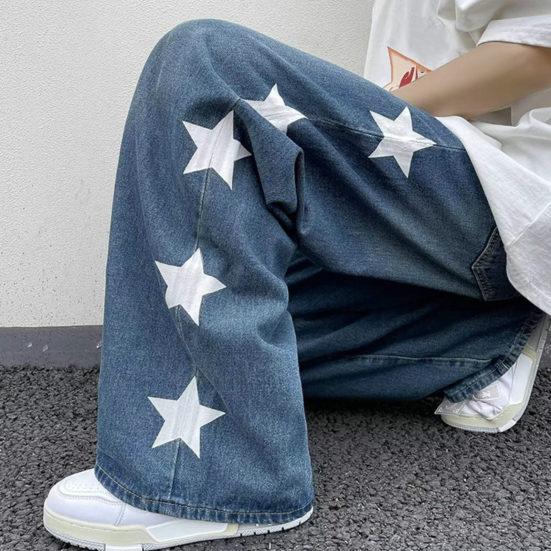 Мужские джинсы с широкими штанинами, прямые, свободные, со звездным принтом, полная длина, сплошной цвет, карманы, пуговицы, застежка-молния, мягкая уличная одежда в стиле ретро, ​​мужские длинные брюки