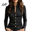 Office Business Outerwear Women Stand Collar Fit Single-Breasted Slim Striped Blazer Blouse Top Casual Jacket
