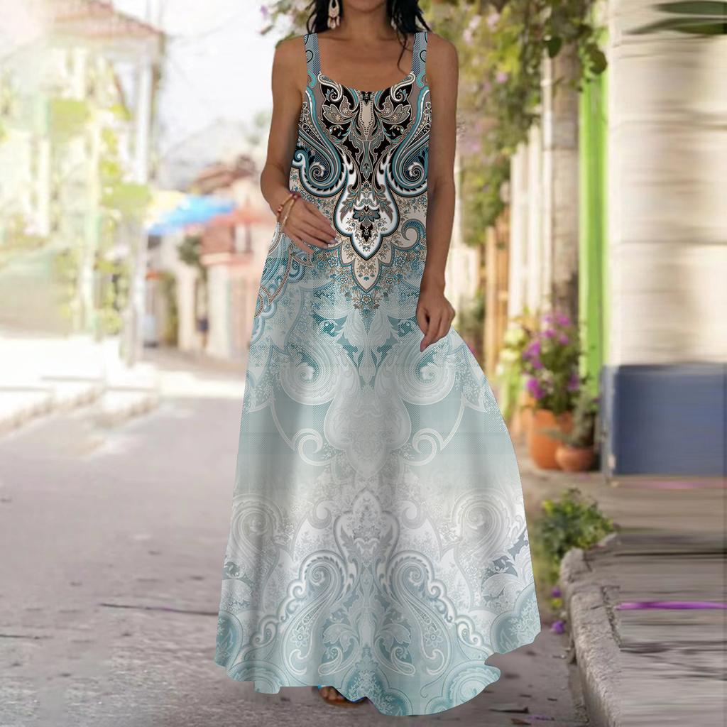 Женское платье-комбинация, длинное платье макси, изысканные узоры, принт, платье для весны и лета, V-образный вырез, для отдыха и отпуска
