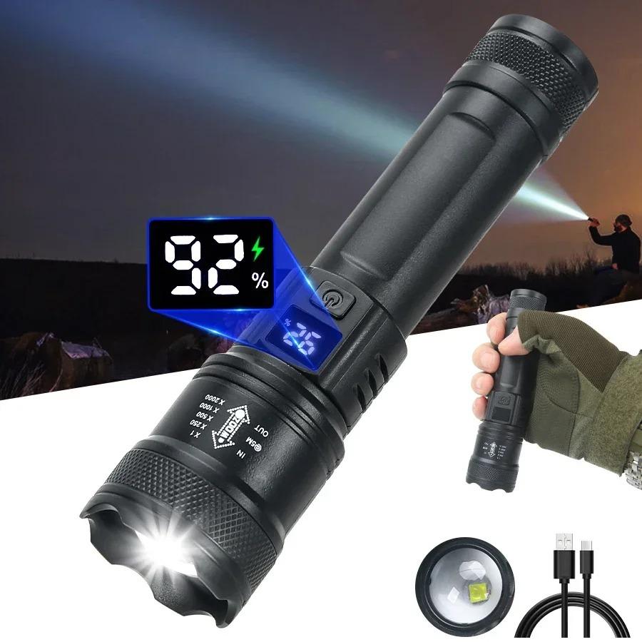 9900LM Powerful LED Flashlight with Battery Display USB Rechargeable Telescopic Zoom Torch Lamp for Outdoor Camping Fishing