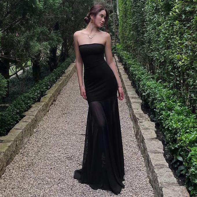 European and American style summer new fashionable and sexy off-the-shoulder tube top waist mesh fishtail dress women's summer long dress