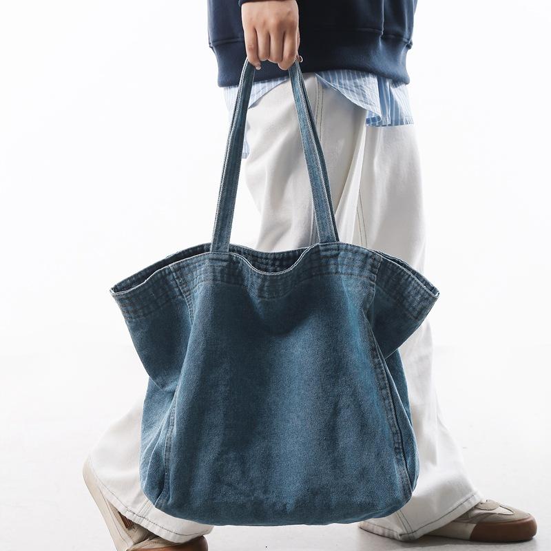 Japanese large-capacity denim bag men's and women's canvas large tote bag ins shoulder mother bag shopping bag student schoolbag