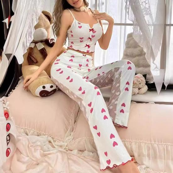 2 шт./комплект женский жилет брюки костюм бант сердечко принт без рукавов сборка кант топ сетчатые лоскутные брюки домашняя одежда одежда для сна наряд летняя одежда для отдыха