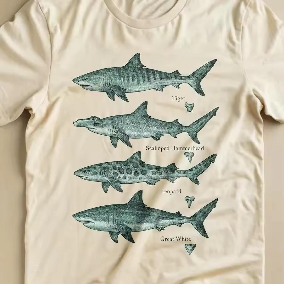 Shark Species T-Shirt, Vintage Style Marine Biology Tee, Natural Cotton Great Tiger Hammerhead Leopard Shark Educational Shirt