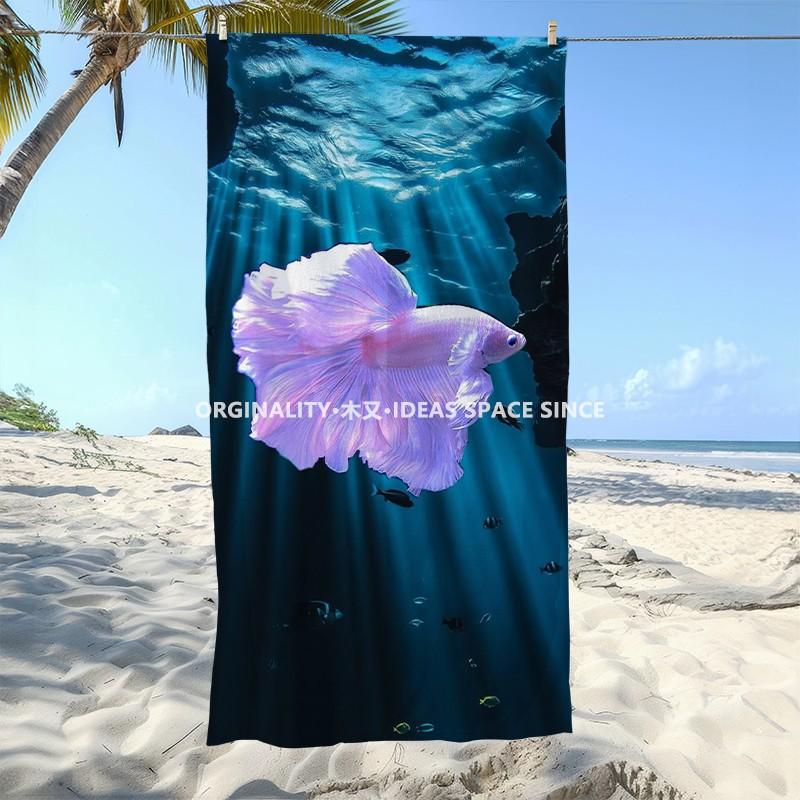 Purple Betta Fish Underwater Beach Towel Patterned Sunscreen And Windproof Suitable For Swimming Pool Camping Travel