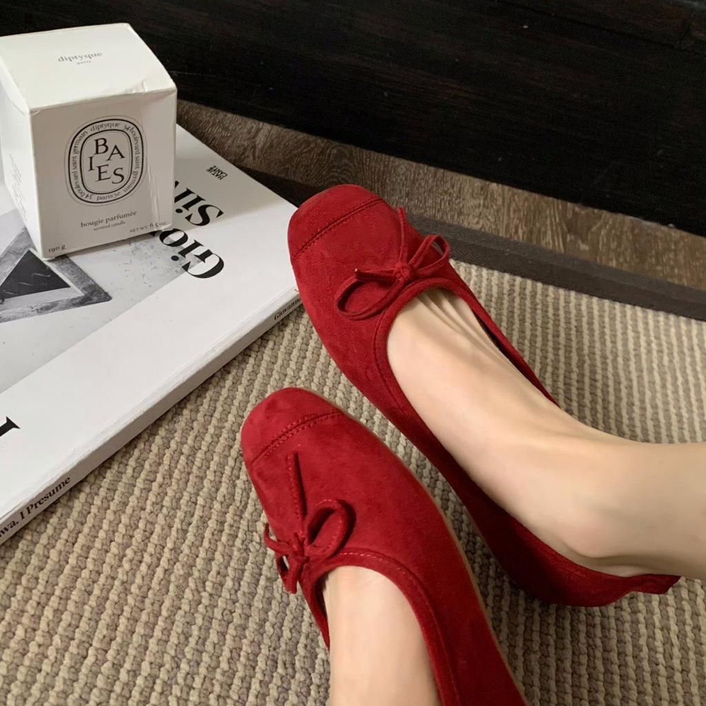 Cowhide Version~ French Bow Leather Ballet Shoes Women's Small Heel Single Shoes Mary Jane Ballet Flat Shoes Low Heel