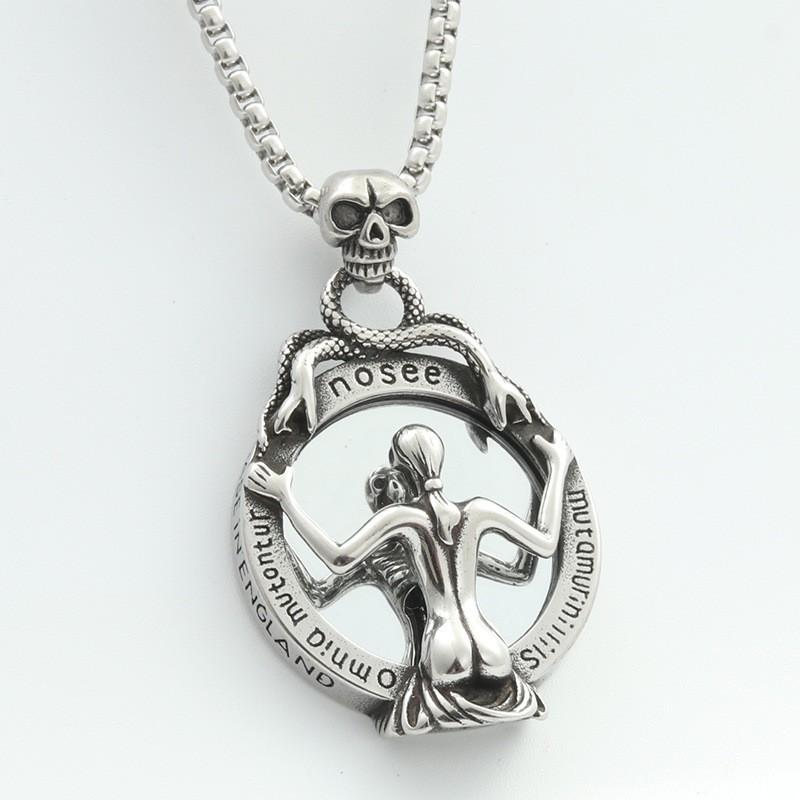 Stainless Steel Skull Mirror Pendant Necklace Men Women Vintage Punk Geometric Charm Jewelry Gift
