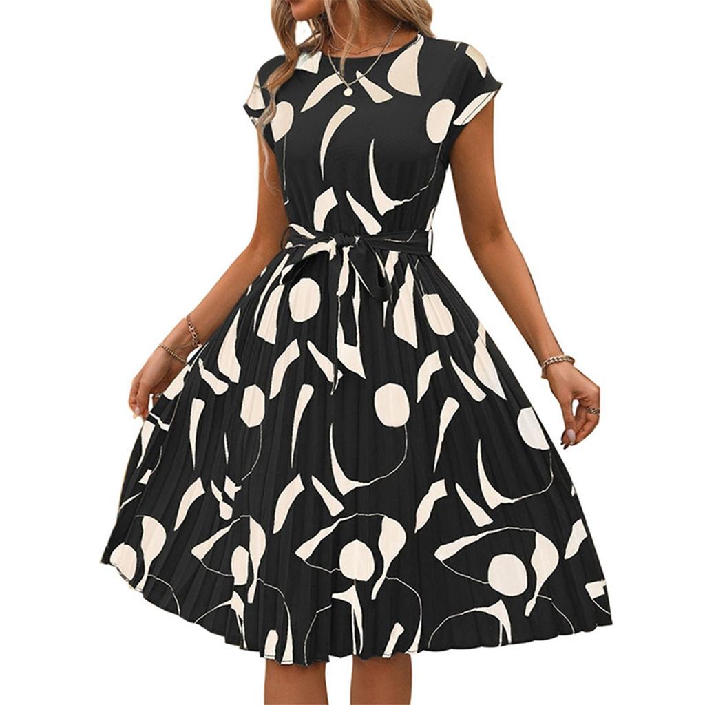 Women's Casual Fashion Abstract Print Pleated Cuff Dress