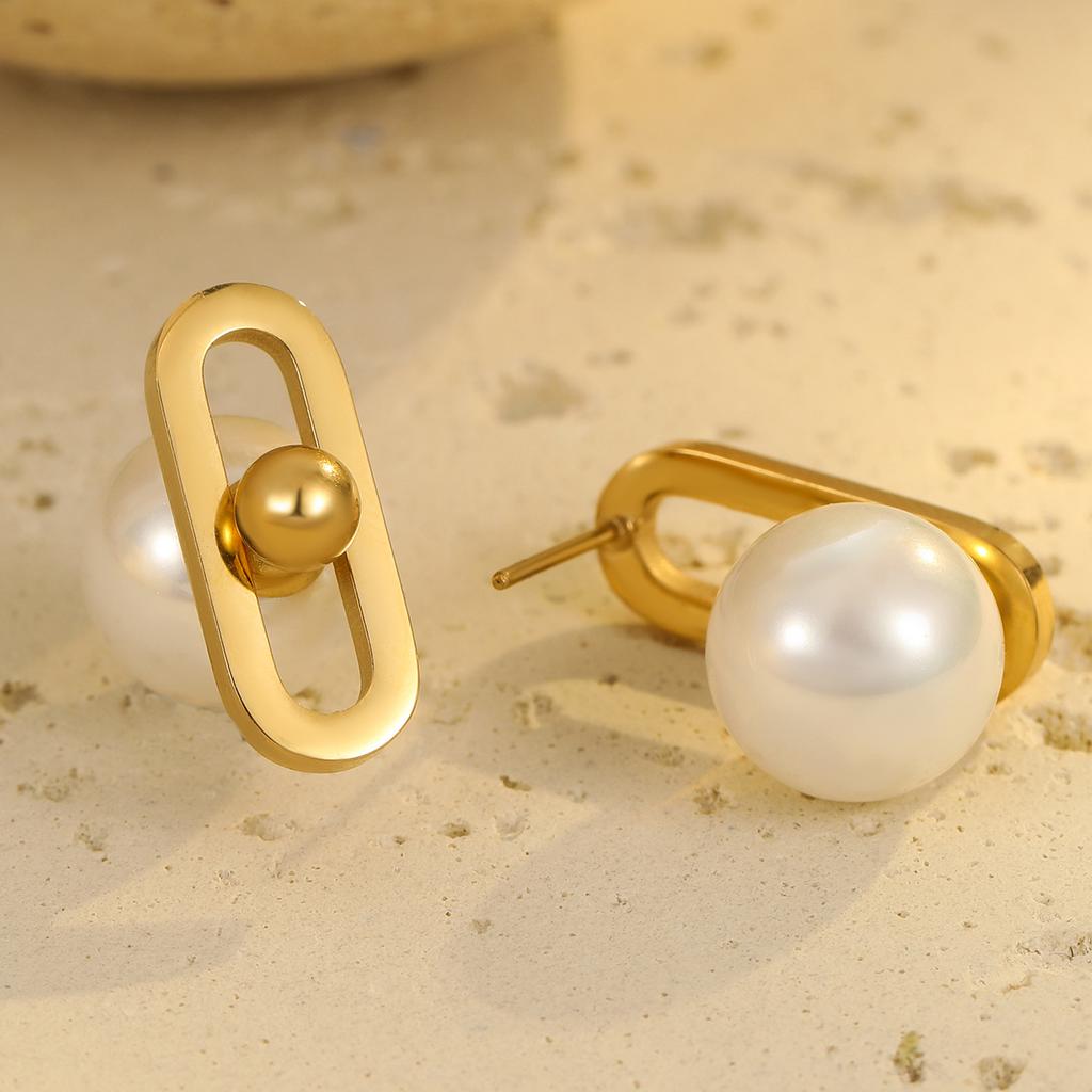 GEMCHIC Women's Minimalist Geometric Faux Pearl Stainless Steel Stud Earrings Gold Plated Elegant Fashion Jewelry