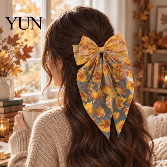 Harvest Festival Hair Clip Fall Maple Leaf Bows for Women Girls, Autumn Leaves Clips, Large Bowknot Bow Accessory Barrettes, Gold Hairpin with