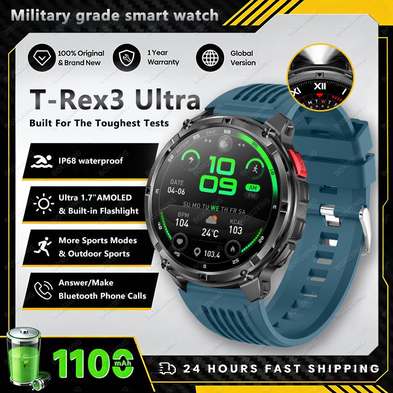 Новые умные часы T-Rex3 Ultra с GPS-трекером, 1,7-дюймовый AMOLED HD-экран, батарея 1100 мАч, фонарик, BT-звонки, для Android iOS