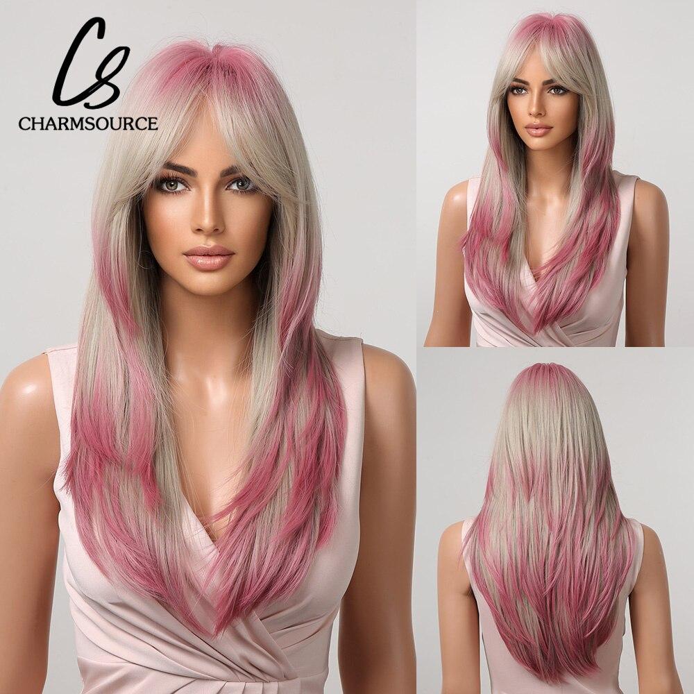 Смешанный светло-русый и розовый парик, длинные волнистые парики с челкой для женщин, синтетический парик, косплей, повседневные термостойкие волосы