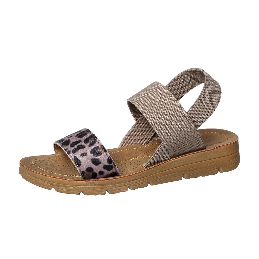 2025 summer new fish mouth leopard print flat bottom one pedal elastic band light and comfortable casual fashion sandals women's batch