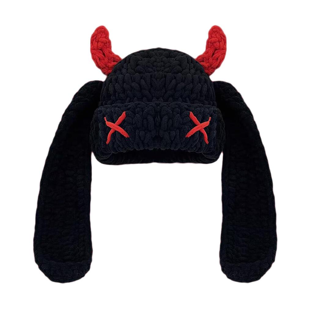 Cute And Quirky Little Devil Long-eared Knitted Hat For Women, Warm And Ear-protecting For Fall And Winter, Sweet And Cool Horned Pullover Woolen Hat