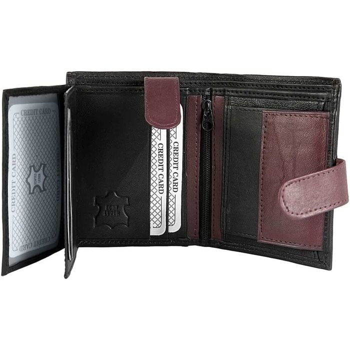 Portefeuille - MP0022 - Cuir véritable mouton - Format vertical 11×9 cm - Noir &amp; bordeaux