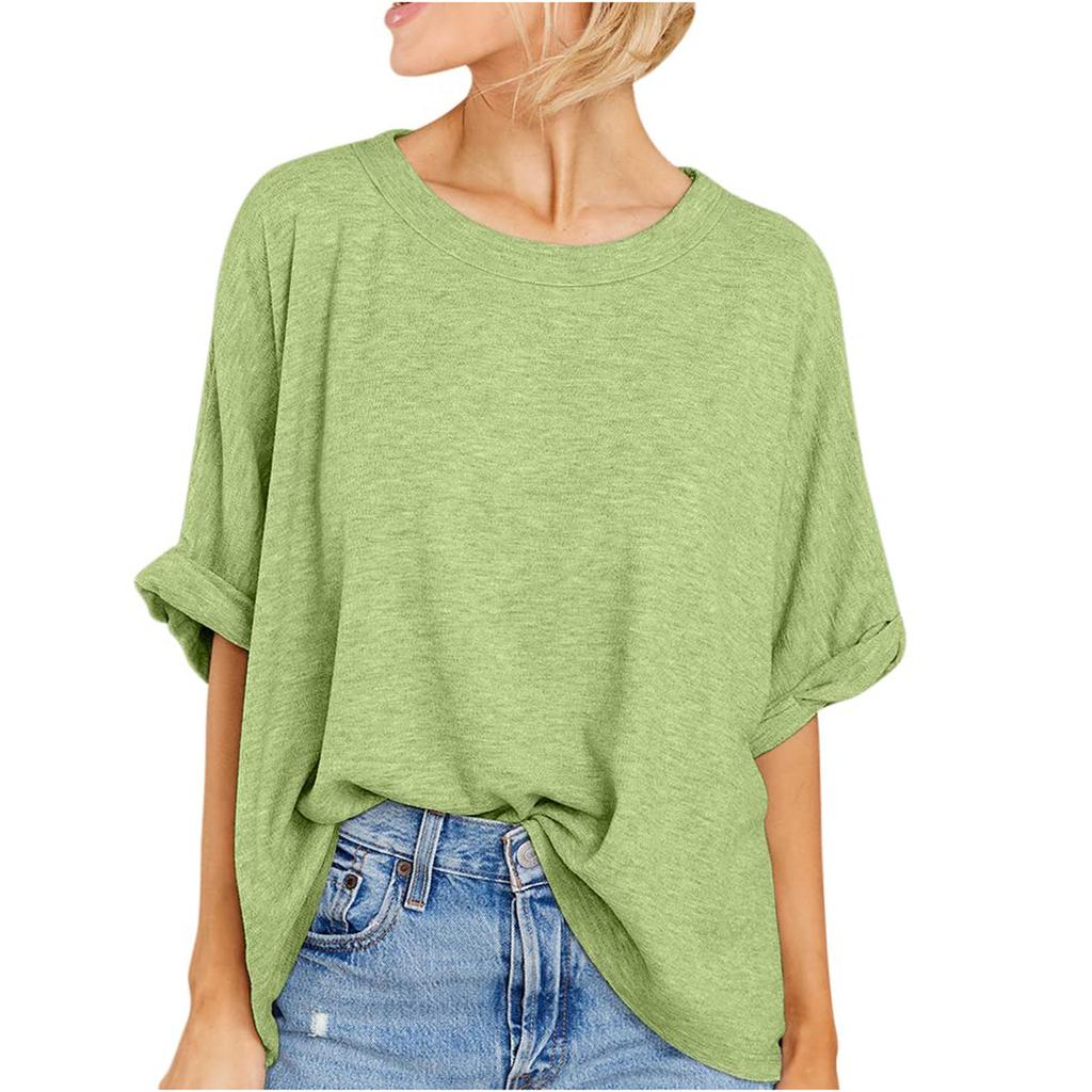 Женская модная однотонная свободная футболка с коротким рукавом, летняя свободная повседневная футболка с круглым вырезом