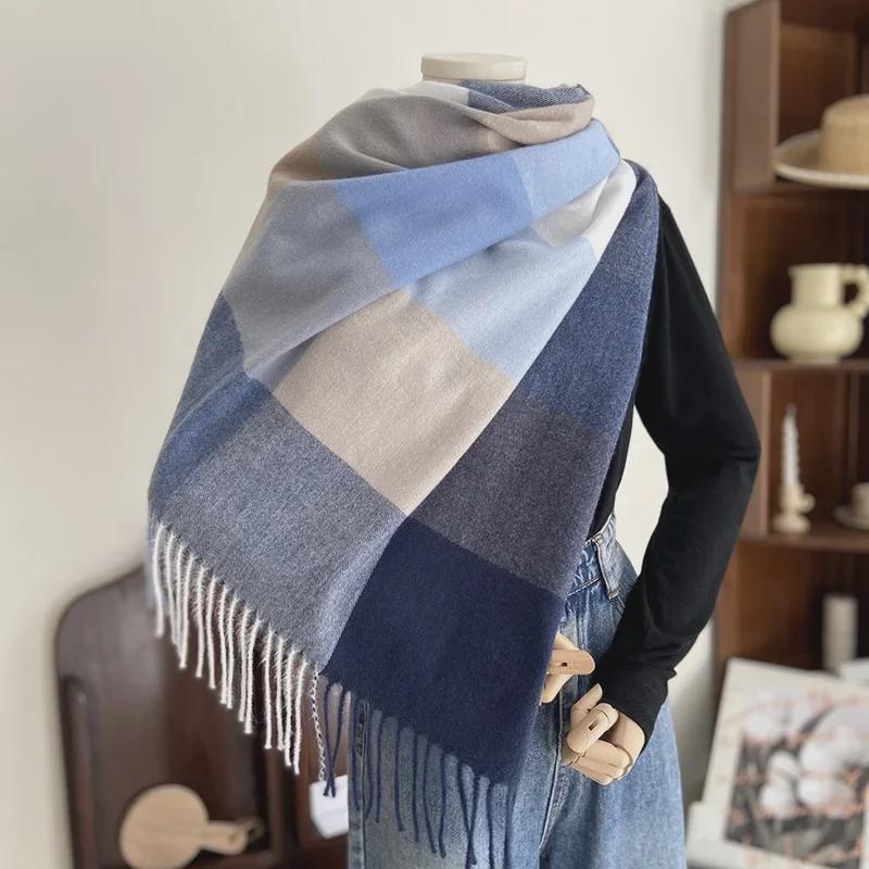 Women's Autumn/Winter 2022 Warm Imitation Cashmere Plaid Scarf Shawl - Korean Style