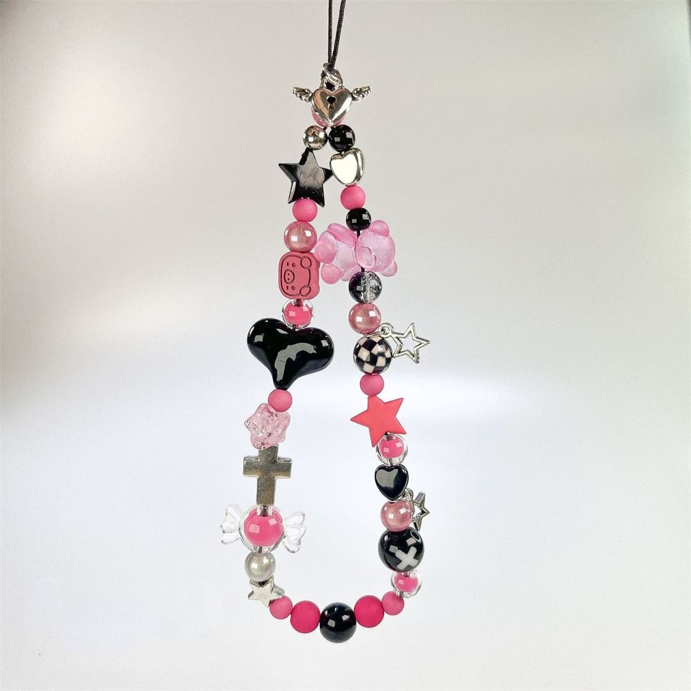 Y2K Silver Phone Lanyard Clear Star Beads Phone Chain Cell Phone Strap Bracelet Keychain