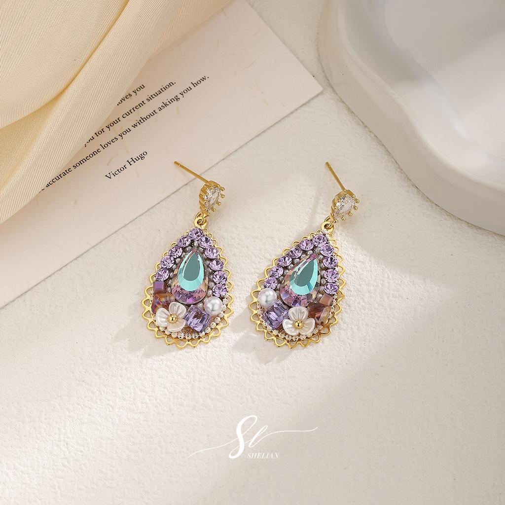 Monet Garden~ Delicate light luxury zircon flower earrings French retro water drop stud earrings, earrings, high-end earrings.