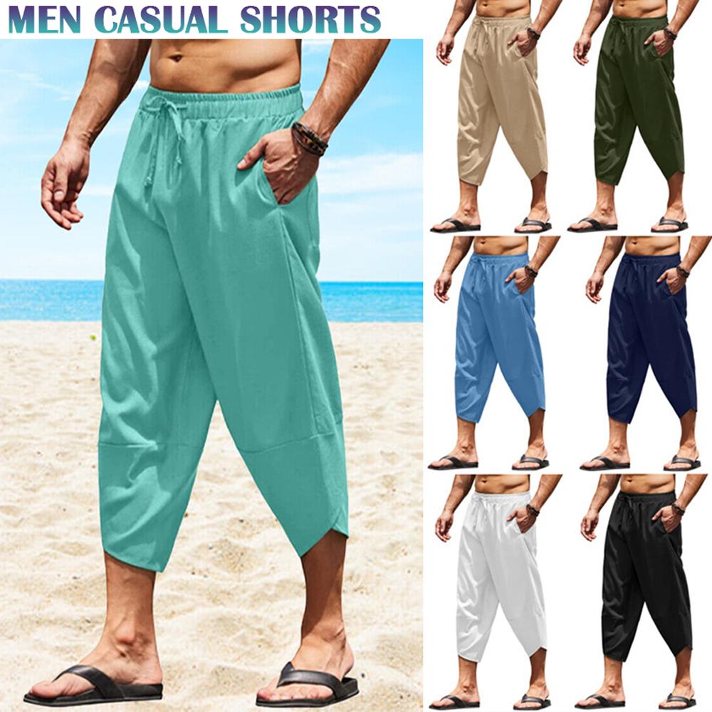 Мужские хлопковые льняные шорты 3/4 свободного кроя, брюки-бермуды, короткие летние длинные повседневные брюки