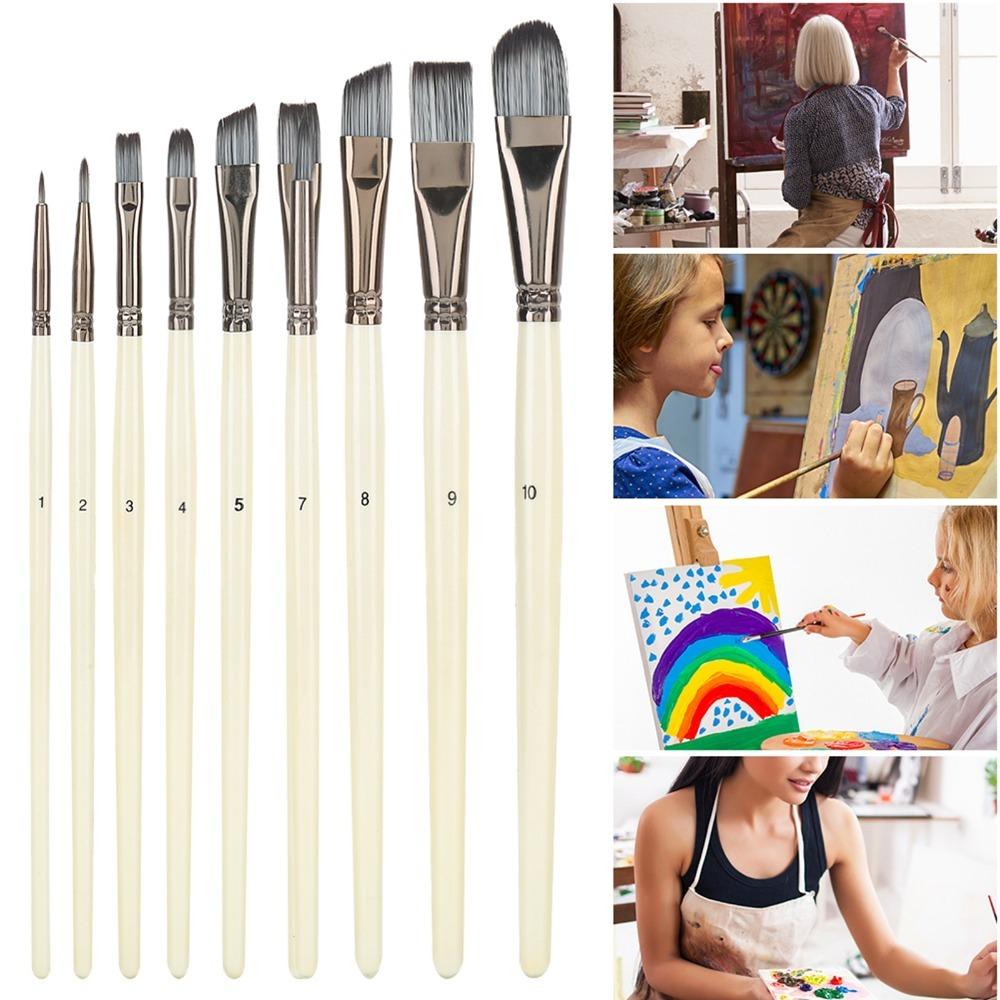 10PCS Multi Size Tips Nylon Fiber Painting Brushes Artist Painting Tool Set Oil Painting