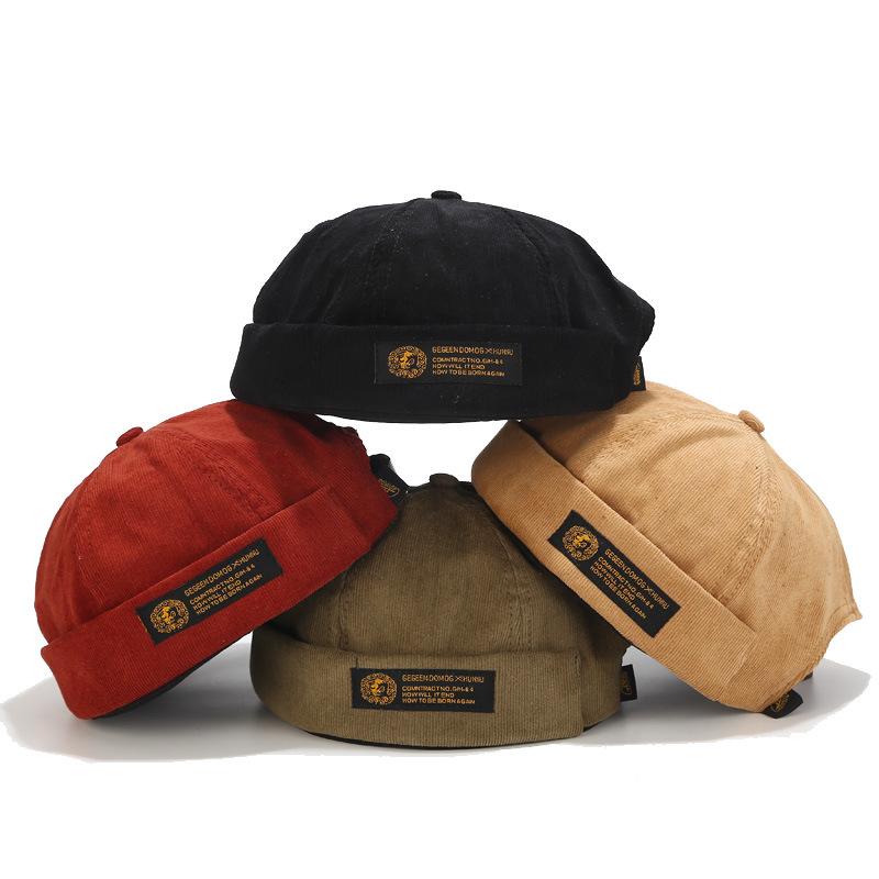 Corduroy Beanie Hat with Accent - Unisex Vintage-Inspired Sailor Cap with Rolled Cuffs and Adjustable Belt