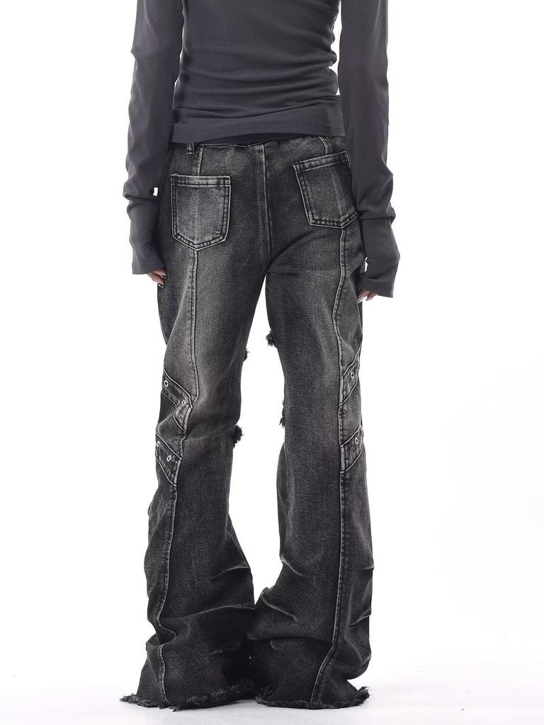 Women's Washed Micro-Flare Jeans with Frayed Edges and 3D Pockets