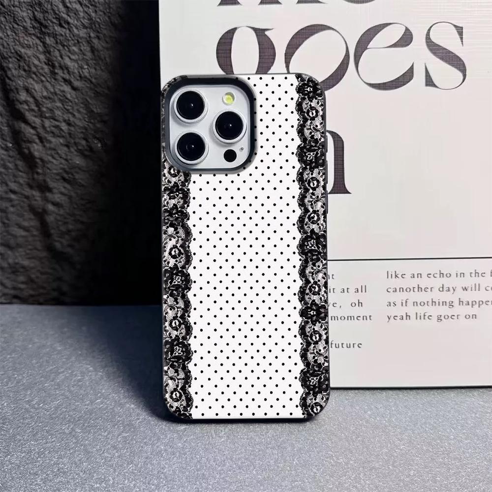 Черный Кружевной Чехол для Телефона с Рисунком Личи в Горошек Для iPhone 17 16e 16 15 14 13 12 11 Air Pro Max Plus XR XSMax Ударопрочный