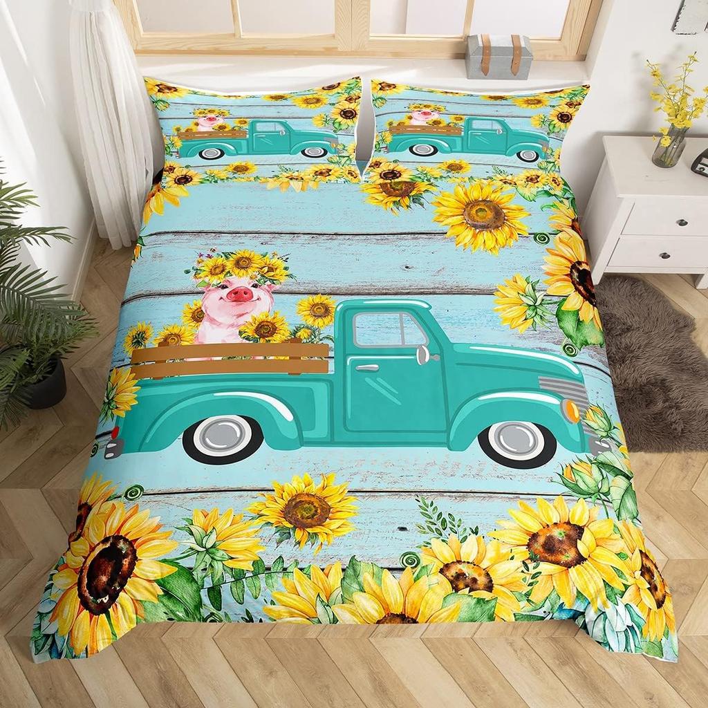 Cute Pig Duvet Cover Set Rose Flower Princess Bedding Set,Girls Women Room Decor,Cartoon Livestock Animal Rustic Comforter Cover