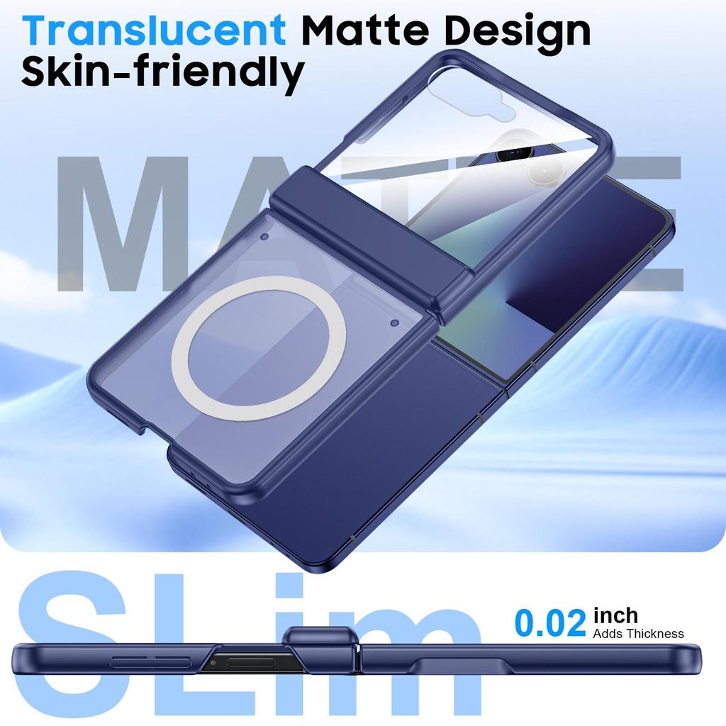 Magnetic Matte Protective Case with Tempered Glass Screen Protector and Hinge Protection for Samsung Galaxy Z Flip 7-Blue