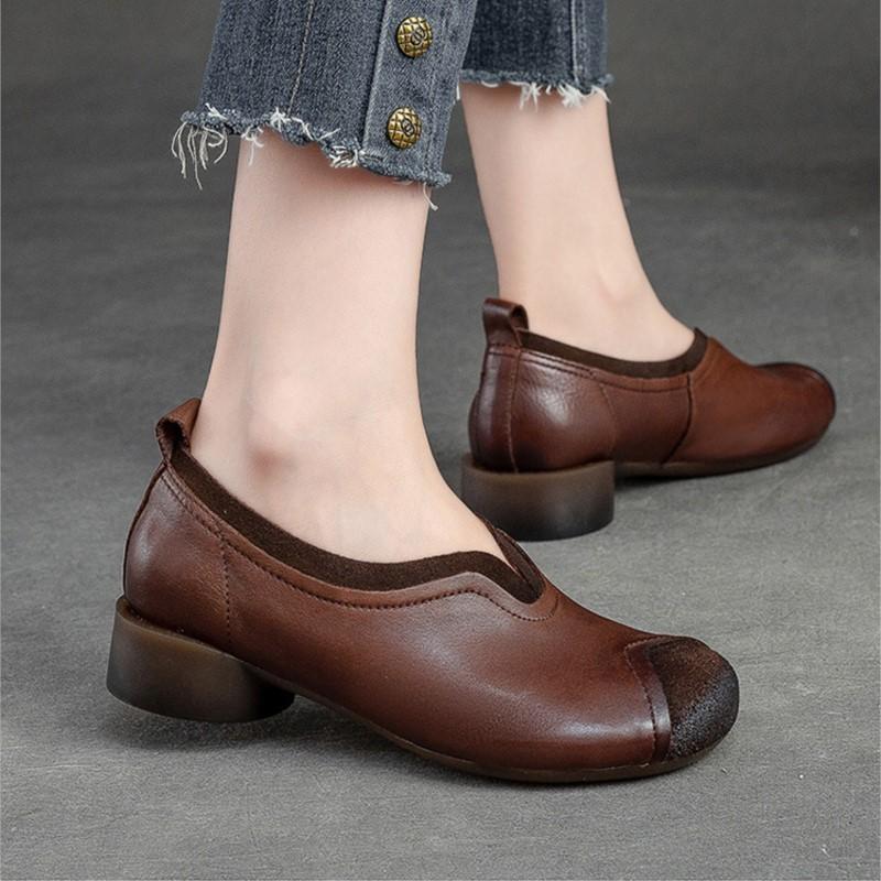 Johnature Женские туфли-лодочки из натуральной кожи, удобные туфли ручной работы с круглым носком на мягкой подошве в стиле ретро, ​​удобные туфли без шнуровки на низком каблуке