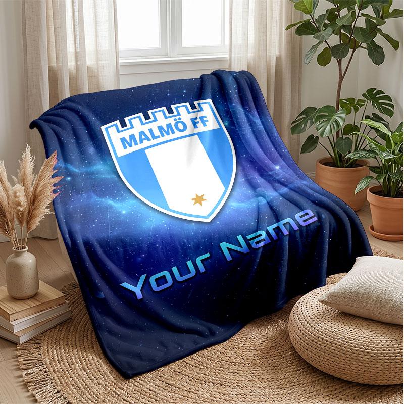 Malmö FF Custom Name Text Flannel Blanket Soccer Logo Personalized Fleece Throw Blanket Special Gift For Sofa Bedroom Home