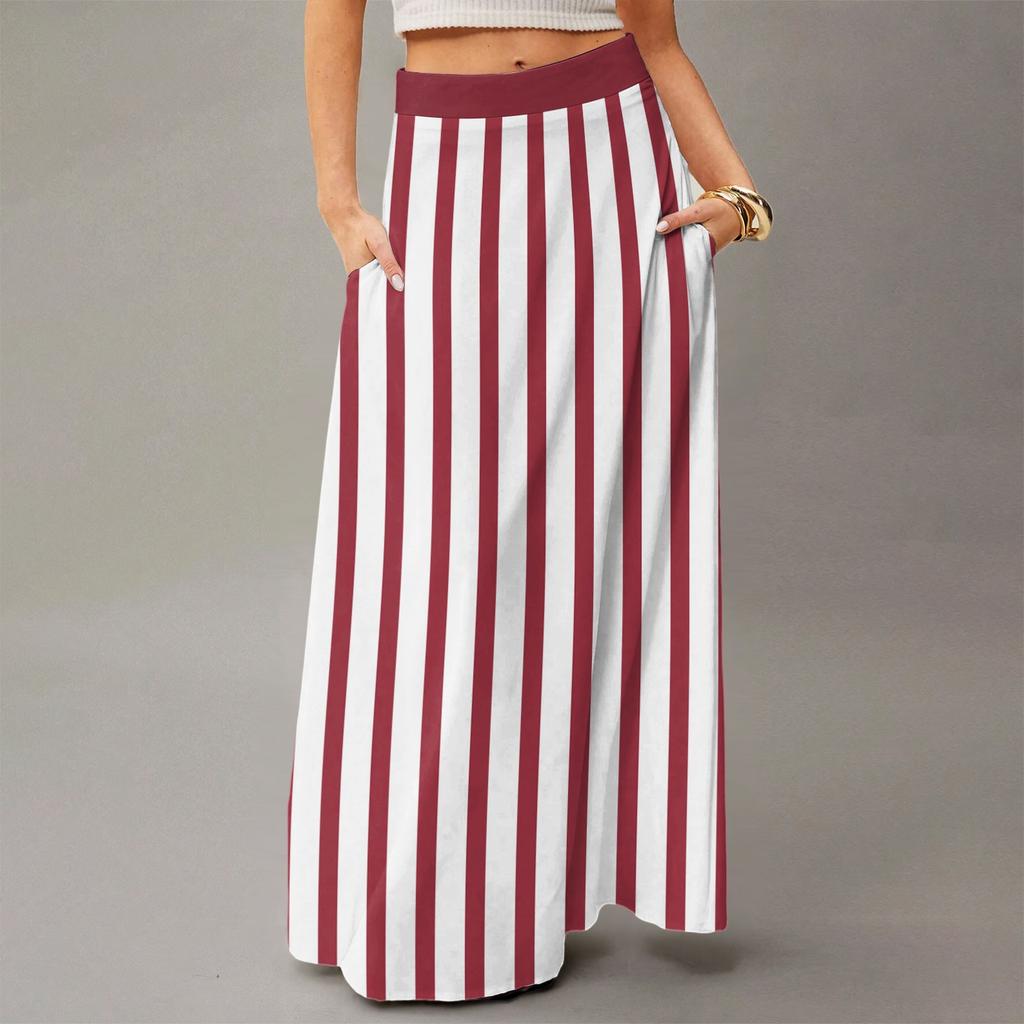 Женская повседневная складная юбка макси с высокой талией, драпированная, свободного кроя, с карманом, в полоску, в клетку
