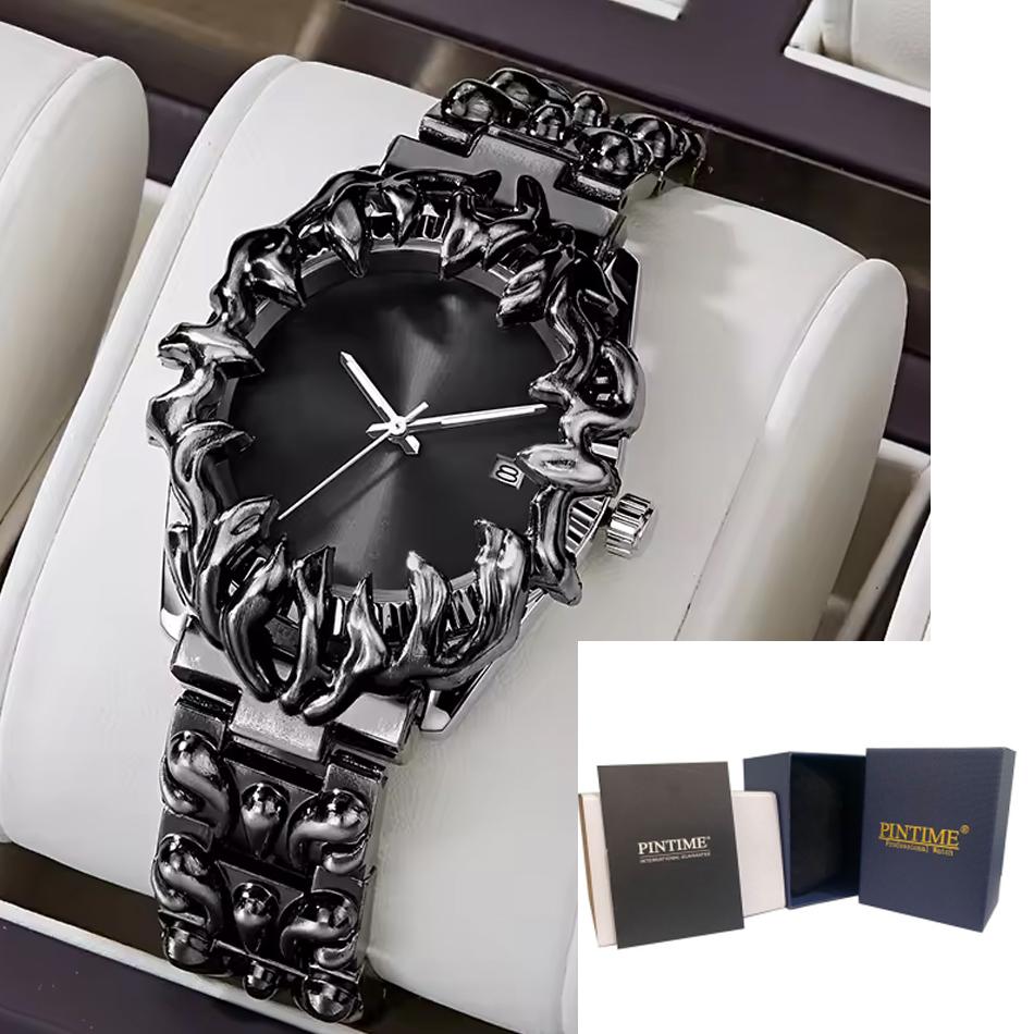 Gold Claw Quartz Watch Unique Hollow Stainless Steel Bracelet Wristwatch Hip Hop Streetwear Calendar Relogio Masculino