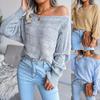 Women's Winter Fashion One Line Neck Off Shoulder Hollowed Out Casual Knitted Sweater