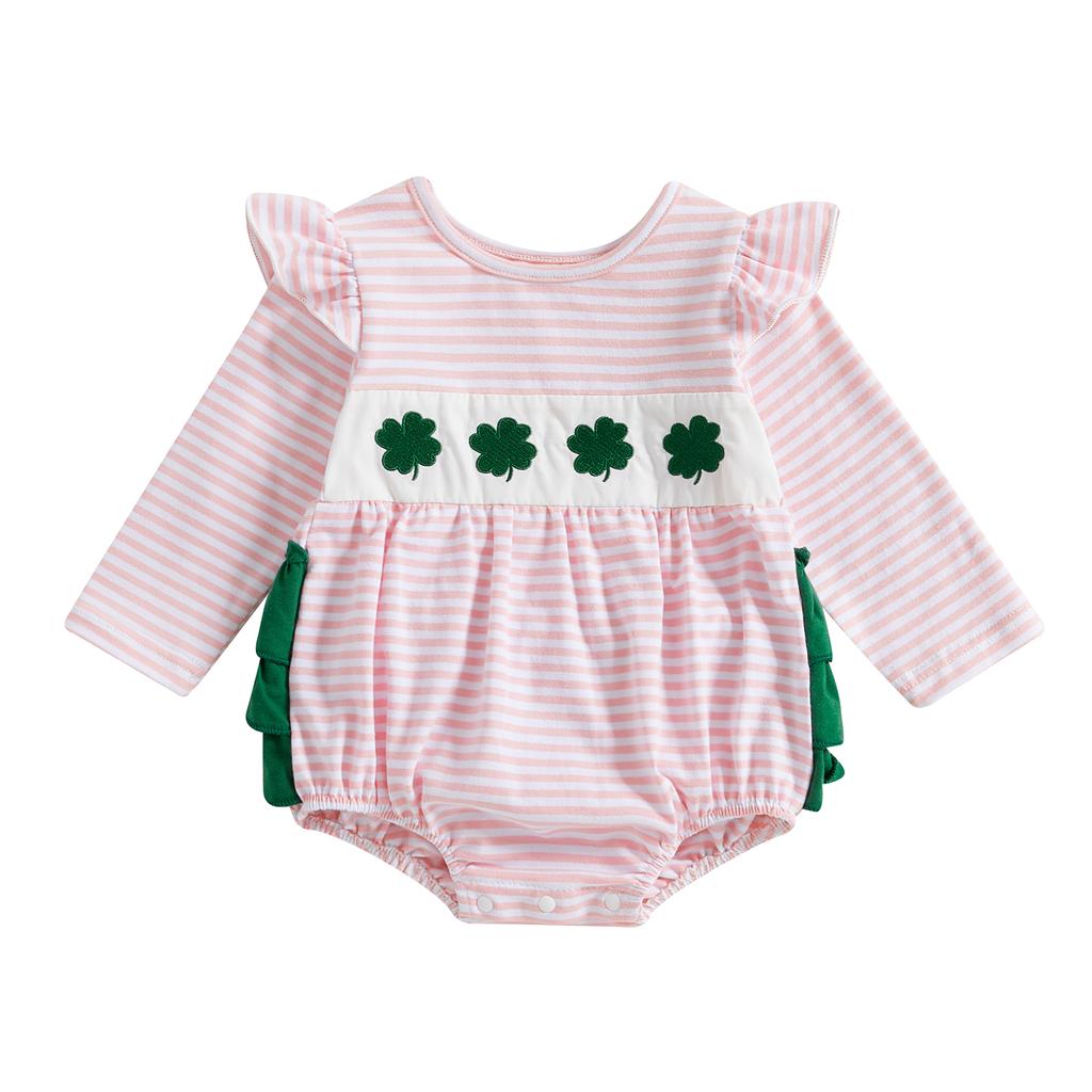 Baby Girl Striped Bodysuit Clover Ruffle Trim Long Sleeve Romper Cute Irish Clothes