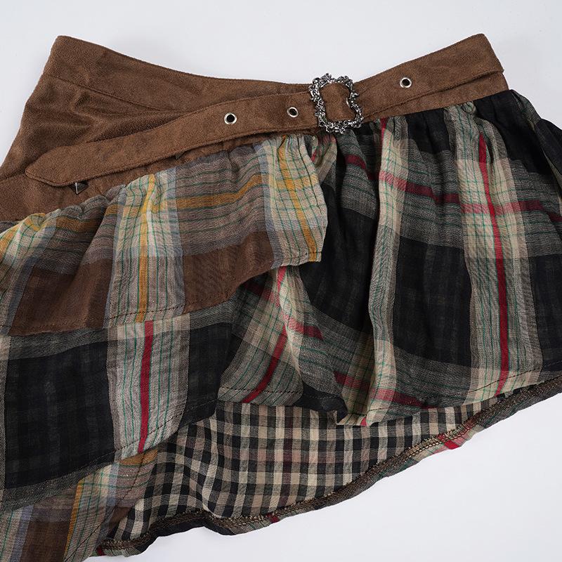 Американский уличный стиль Клетчатая пэчворк мини-юбка с низкой посадкой