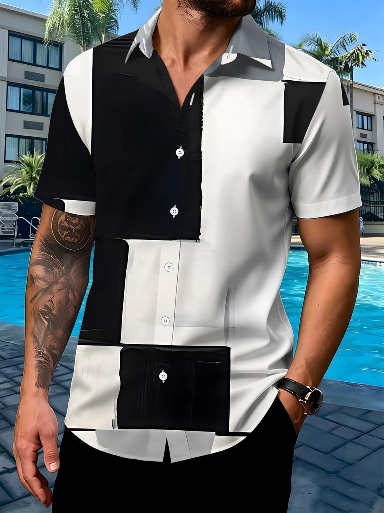 Plus Size Men's Short Sleeve Shirt, Abstract Pattern, Casual Short Sleeve Shirt for Plus Size Men, Color Block Patchwork Style, Oversized Men's Sport