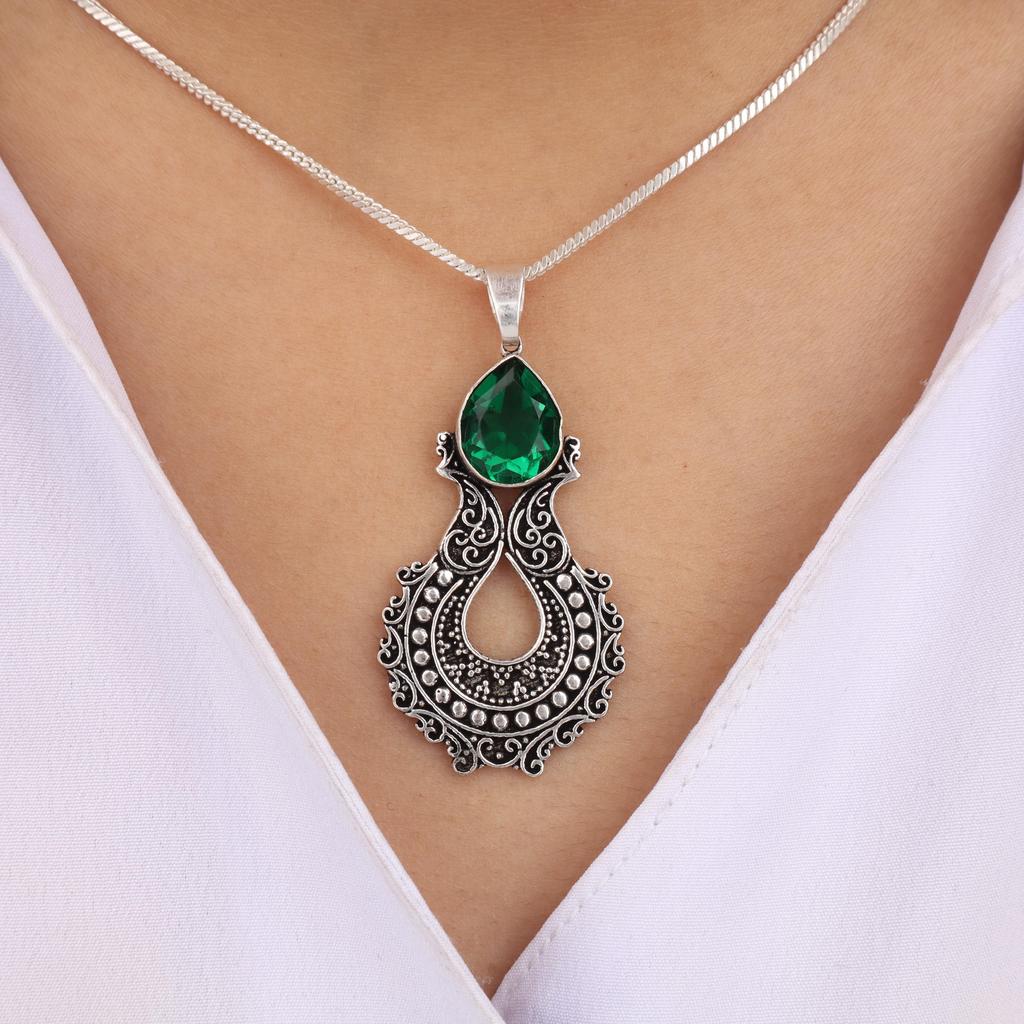 Chrome Diopside Gemstone Silver Pendant 1.8" For Birthday Gift 925 Sterling Silver Jewelry CP-45-3