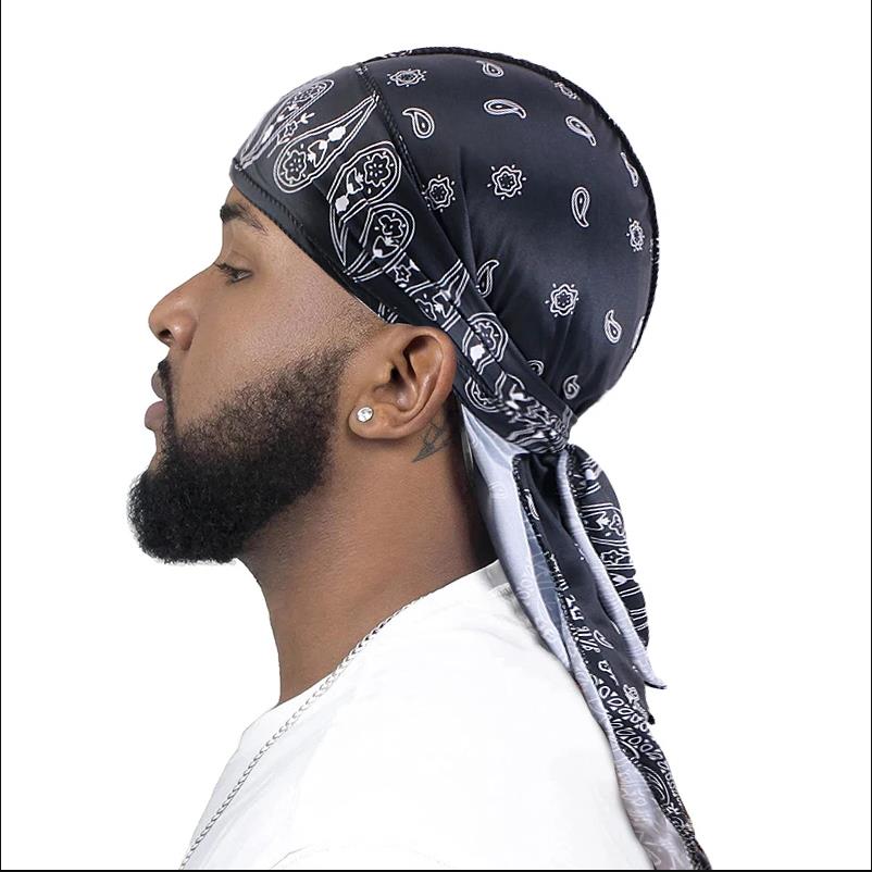 Мужские атласные банданы с принтом пейсли, шелковистые длинные хвосты пиратских шляп, шапки с волнами, аксессуары для волос