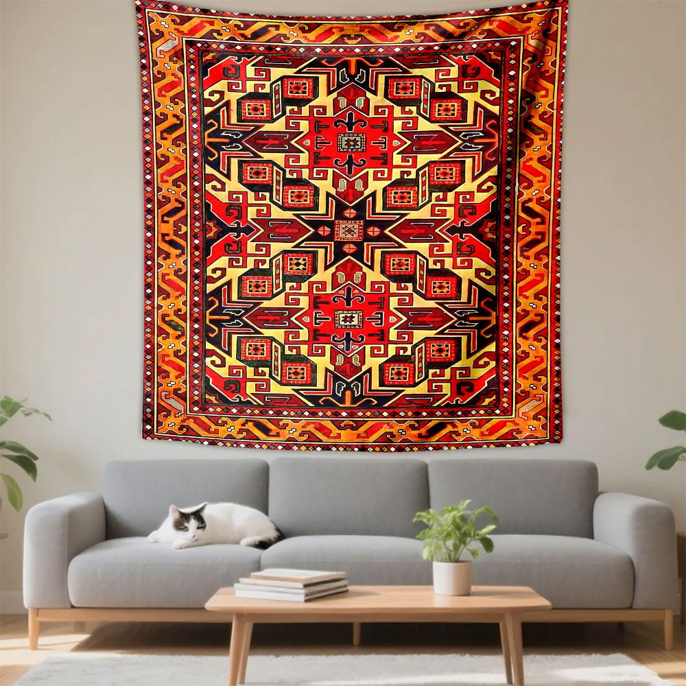 Bohemian Wall Tapestry Persian Oriental Rug Pattern Red Orange Geometric Medallion Decor for Bedroom Living Room Gift