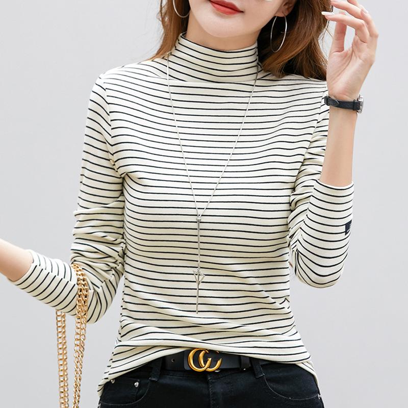 Футболка женская, модная, с длинным рукавом, Camisetas, эластичная, Ropa De Mujer, водолазка, полосатая футболка, теплые топы, базовые футболки
